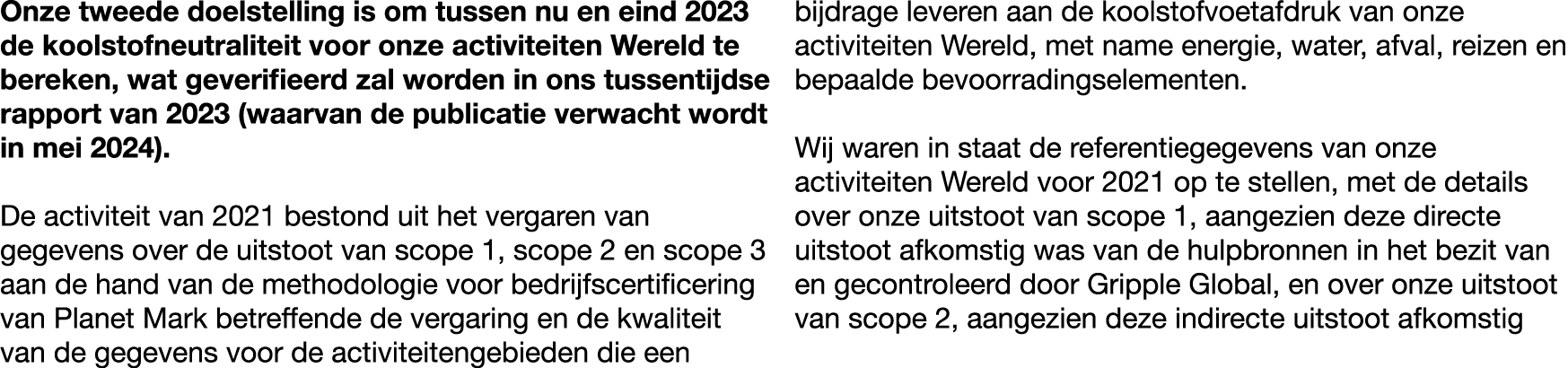 Onze tweede doelstelling is om tussen nu en eind 2023 de koolstofneutraliteit voor onze activiteiten Wereld te bereke...