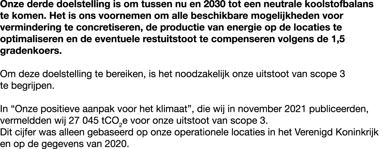 Onze derde doelstelling is om tussen nu en 2030 tot een neutrale koolstofbalans te komen. Het is ons voornemen om all...