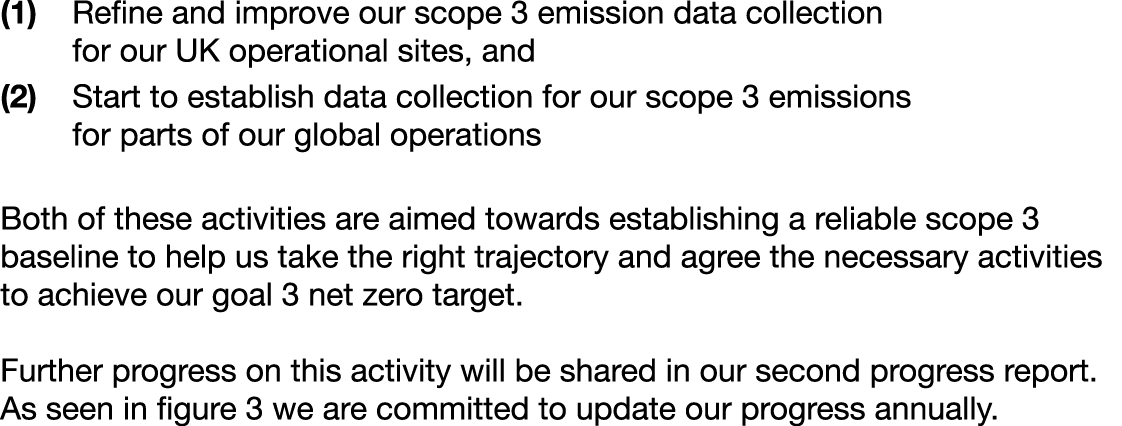 (1) Refine and improve our scope 3 emission data collection for our UK operational sites, and (2) Start to establish...