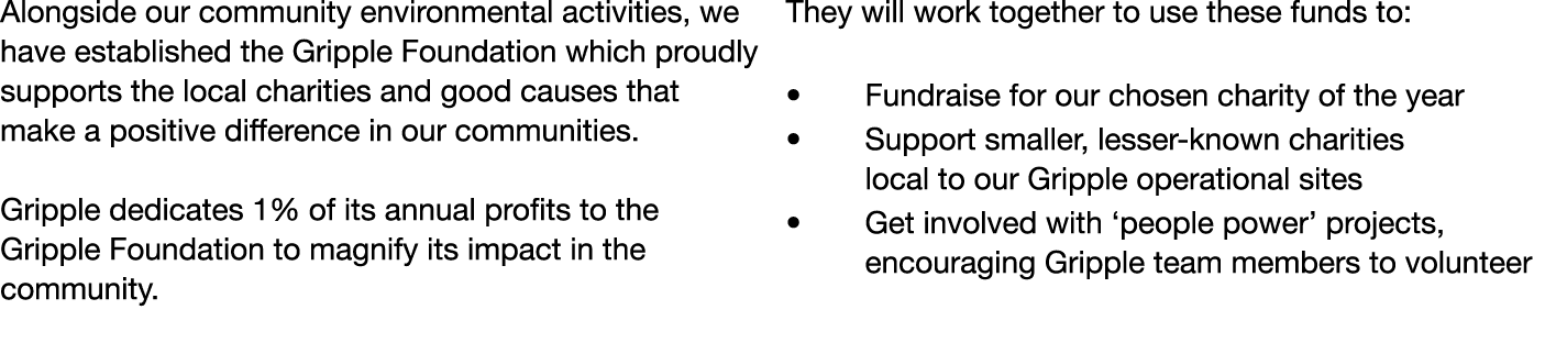 Alongside our community environmental activities, we have established the Gripple Foundation which proudly supports t...