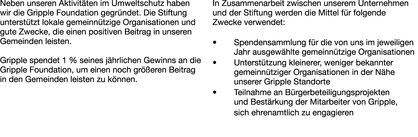 Neben unseren Aktivit ten im Umweltschutz haben wir die Gripple Foundation gegr ndet. Die Stiftung unterst tzt lokale...